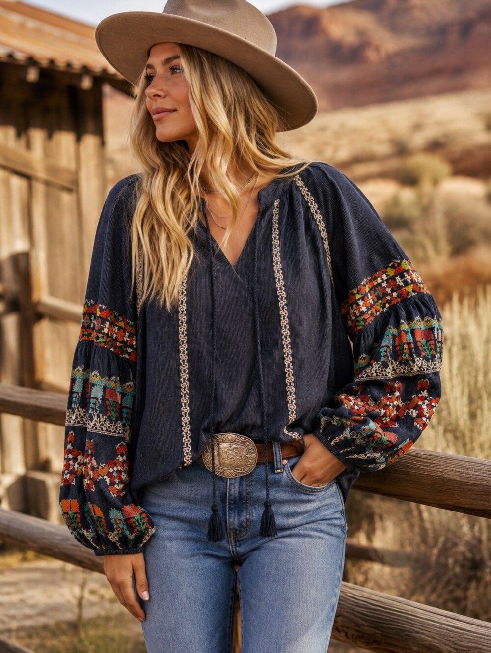 Sundance Embroidered Peasant Blouse PL Pinstripe Boho Balloon Sleeve Tassel